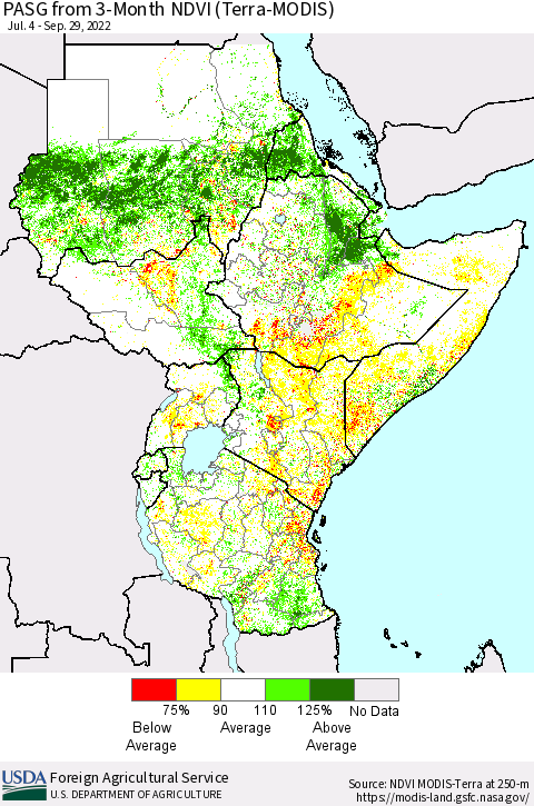 Eastern Africa PASG from 3-Month NDVI (Terra-MODIS) Thematic Map For 9/21/2022 - 9/30/2022
