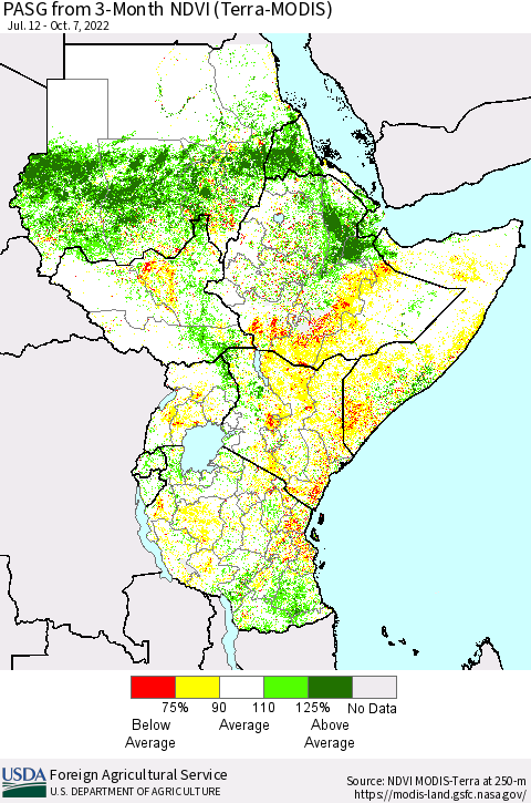 Eastern Africa PASG from 3-Month NDVI (Terra-MODIS) Thematic Map For 10/1/2022 - 10/10/2022