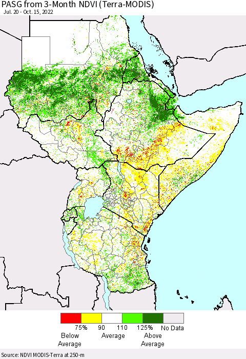 Eastern Africa PASG from 3-Month NDVI (Terra-MODIS) Thematic Map For 10/8/2022 - 10/15/2022