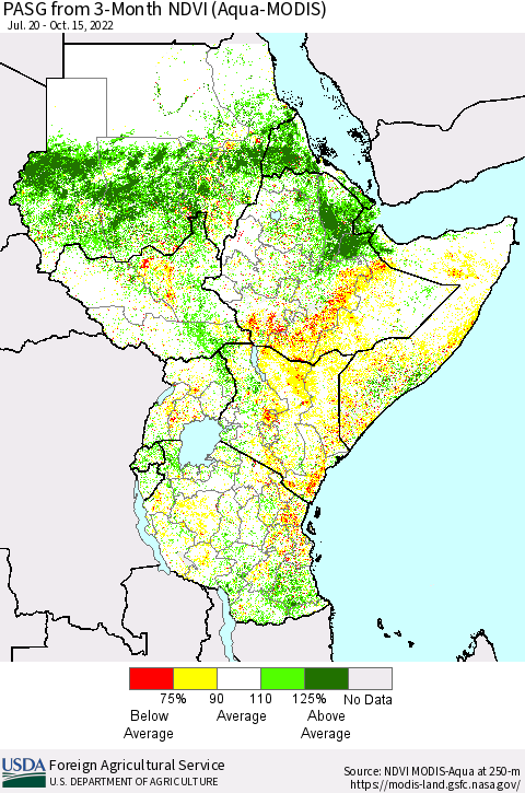 Eastern Africa PASG from 3-Month NDVI (Terra-MODIS) Thematic Map For 10/11/2022 - 10/20/2022
