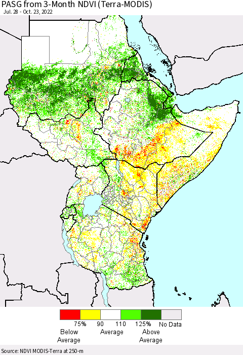 Eastern Africa PASG from 3-Month NDVI (Terra-MODIS) Thematic Map For 10/16/2022 - 10/23/2022