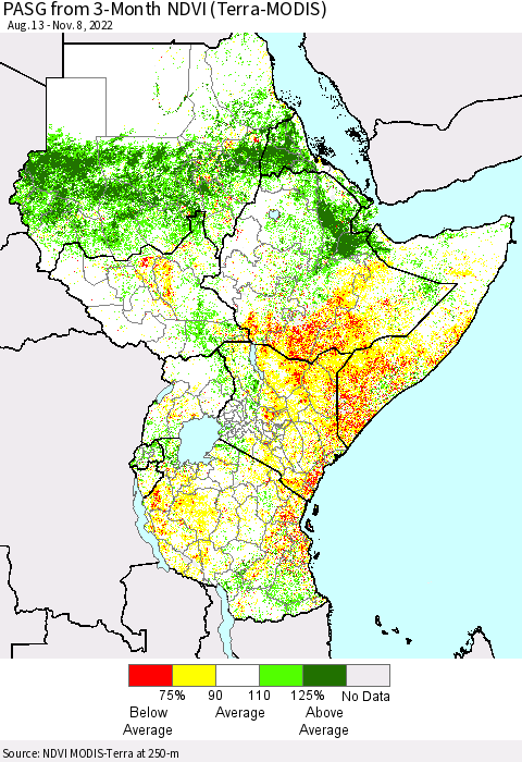 Eastern Africa PASG from 3-Month NDVI (Terra-MODIS) Thematic Map For 11/1/2022 - 11/8/2022