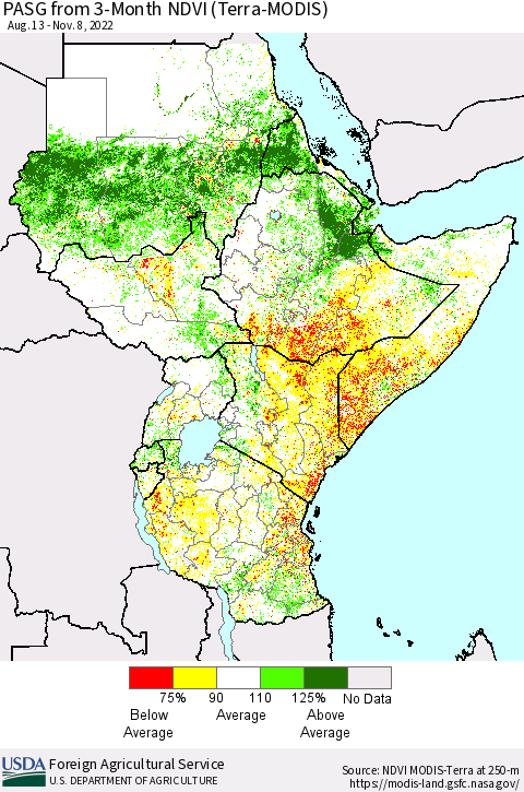 Eastern Africa PASG from 3-Month NDVI (Terra-MODIS) Thematic Map For 11/1/2022 - 11/10/2022