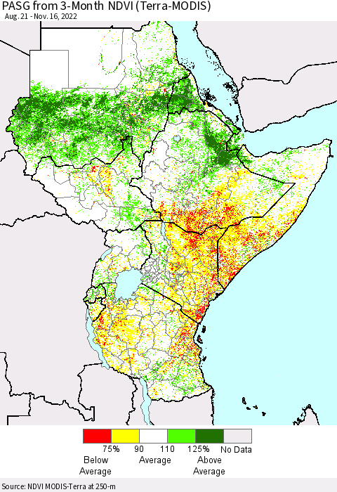 Eastern Africa PASG from 3-Month NDVI (Terra-MODIS) Thematic Map For 11/9/2022 - 11/16/2022