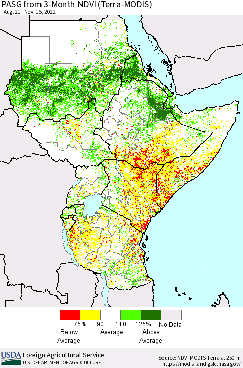 Eastern Africa PASG from 3-Month NDVI (Terra-MODIS) Thematic Map For 11/11/2022 - 11/20/2022