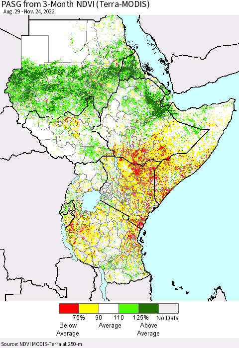 Eastern Africa PASG from 3-Month NDVI (Terra-MODIS) Thematic Map For 11/17/2022 - 11/24/2022