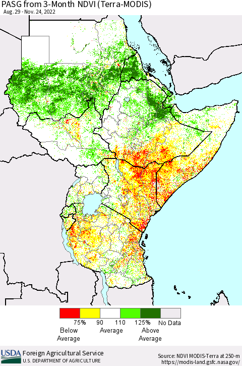 Eastern Africa PASG from 3-Month NDVI (Terra-MODIS) Thematic Map For 11/21/2022 - 11/30/2022