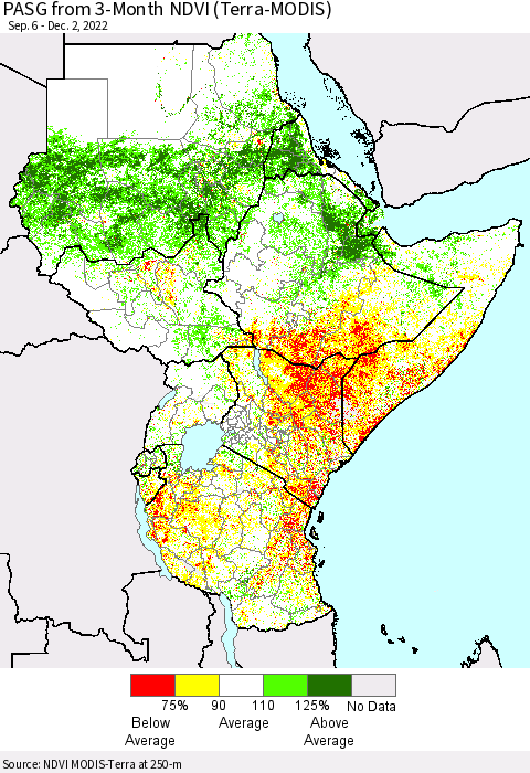 Eastern Africa PASG from 3-Month NDVI (Terra-MODIS) Thematic Map For 11/25/2022 - 12/2/2022