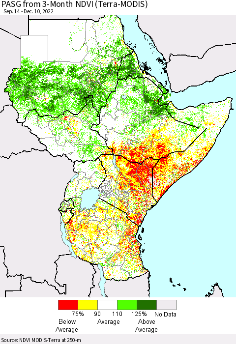 Eastern Africa PASG from 3-Month NDVI (Terra-MODIS) Thematic Map For 12/3/2022 - 12/10/2022