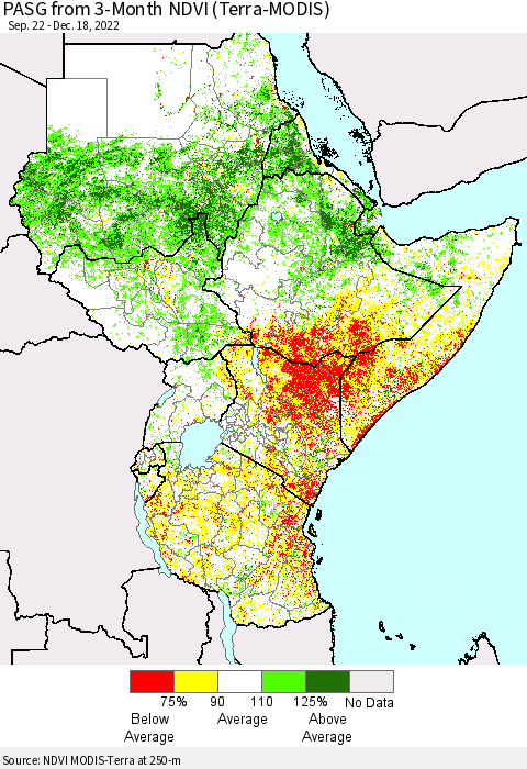 Eastern Africa PASG from 3-Month NDVI (Terra-MODIS) Thematic Map For 12/11/2022 - 12/18/2022