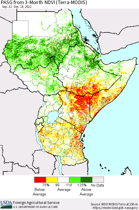 Eastern Africa PASG from 3-Month NDVI (Terra-MODIS) Thematic Map For 12/11/2022 - 12/20/2022
