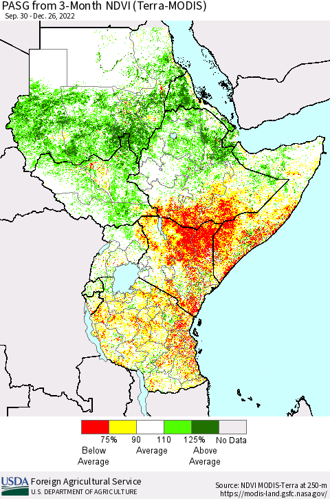 Eastern Africa PASG from 3-Month NDVI (Terra-MODIS) Thematic Map For 12/21/2022 - 12/31/2022