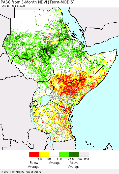 Eastern Africa PASG from 3-Month NDVI (Terra-MODIS) Thematic Map For 1/1/2023 - 1/8/2023