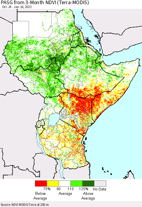 Eastern Africa PASG from 3-Month NDVI (Terra-MODIS) Thematic Map For 1/9/2023 - 1/16/2023