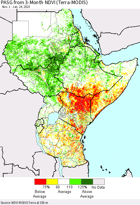Eastern Africa PASG from 3-Month NDVI (Terra-MODIS) Thematic Map For 1/17/2023 - 1/24/2023