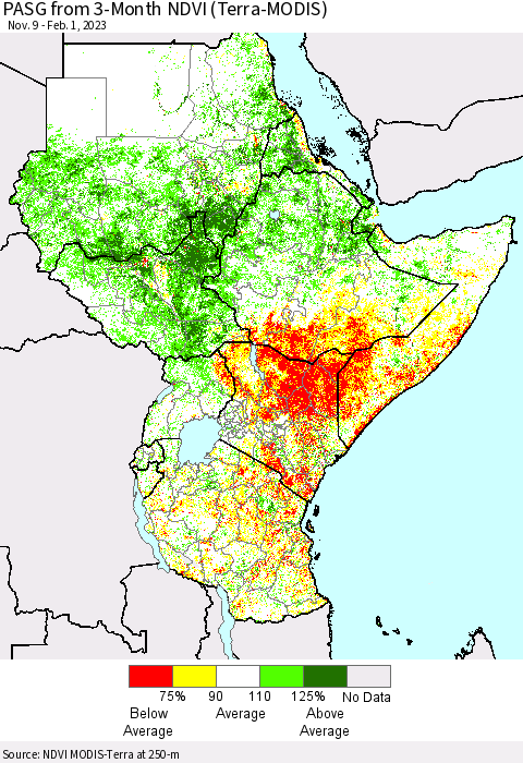 Eastern Africa PASG from 3-Month NDVI (Terra-MODIS) Thematic Map For 1/25/2023 - 2/1/2023