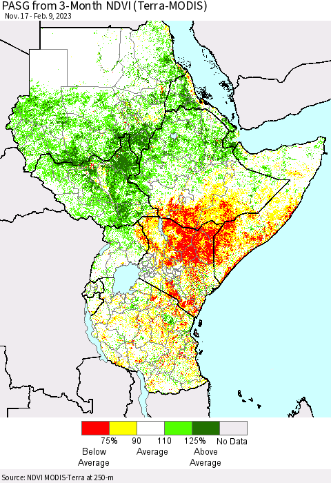 Eastern Africa PASG from 3-Month NDVI (Terra-MODIS) Thematic Map For 2/2/2023 - 2/9/2023