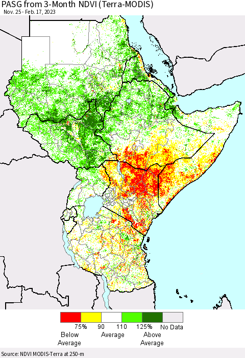 Eastern Africa PASG from 3-Month NDVI (Terra-MODIS) Thematic Map For 2/10/2023 - 2/17/2023
