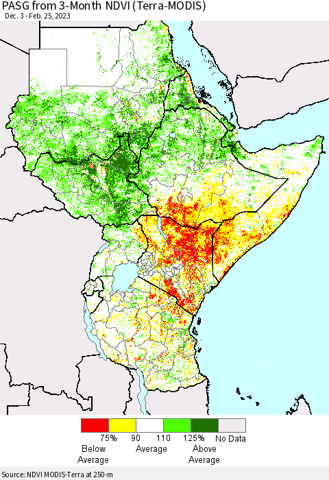 Eastern Africa PASG from 3-Month NDVI (Terra-MODIS) Thematic Map For 2/18/2023 - 2/25/2023