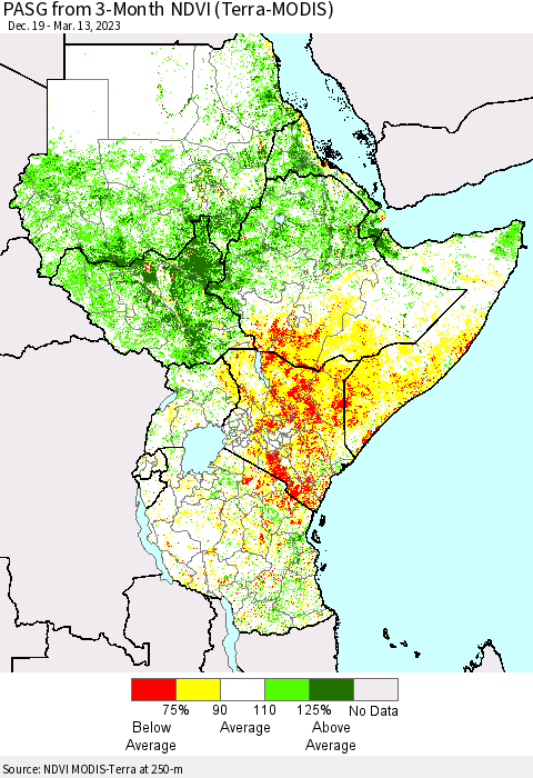 Eastern Africa PASG from 3-Month NDVI (Terra-MODIS) Thematic Map For 3/6/2023 - 3/13/2023