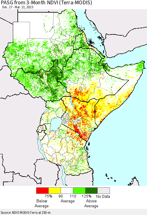 Eastern Africa PASG from 3-Month NDVI (Terra-MODIS) Thematic Map For 3/14/2023 - 3/21/2023