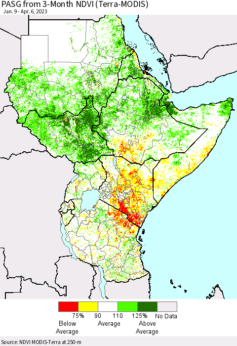 Eastern Africa PASG from 3-Month NDVI (Terra-MODIS) Thematic Map For 3/30/2023 - 4/6/2023