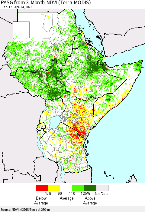 Eastern Africa PASG from 3-Month NDVI (Terra-MODIS) Thematic Map For 4/7/2023 - 4/14/2023