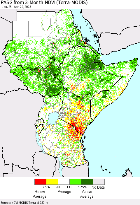 Eastern Africa PASG from 3-Month NDVI (Terra-MODIS) Thematic Map For 4/15/2023 - 4/22/2023