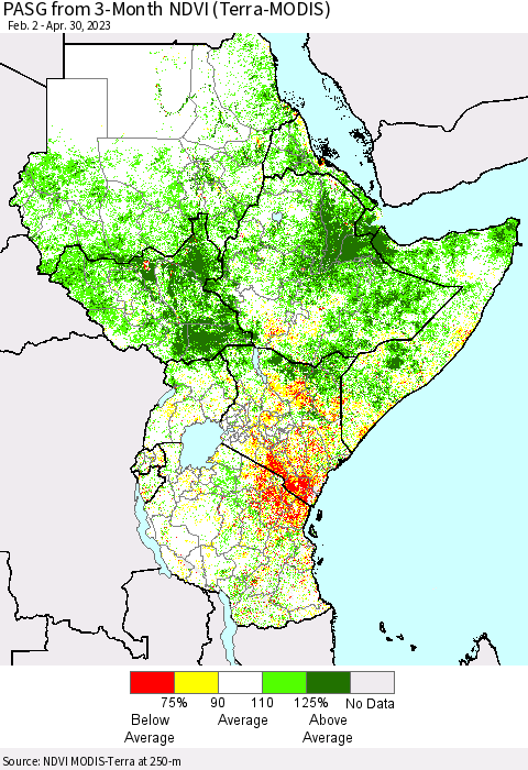 Eastern Africa PASG from 3-Month NDVI (Terra-MODIS) Thematic Map For 4/23/2023 - 4/30/2023