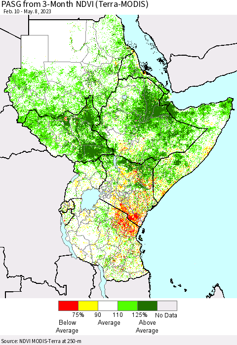 Eastern Africa PASG from 3-Month NDVI (Terra-MODIS) Thematic Map For 5/1/2023 - 5/8/2023