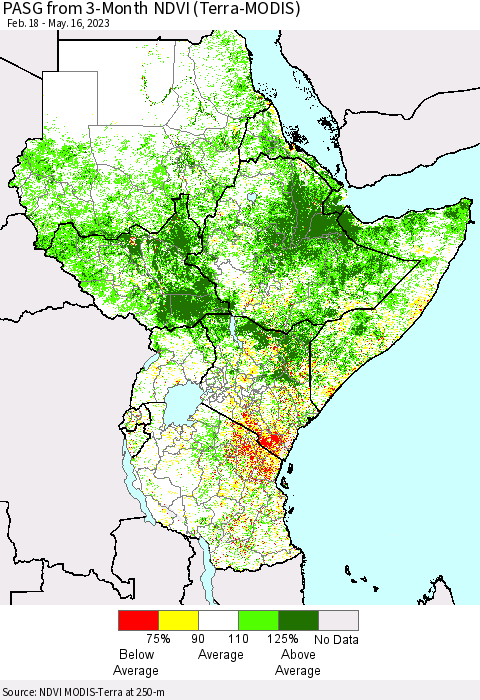 Eastern Africa PASG from 3-Month NDVI (Terra-MODIS) Thematic Map For 5/9/2023 - 5/16/2023