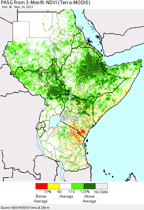 Eastern Africa PASG from 3-Month NDVI (Terra-MODIS) Thematic Map For 5/17/2023 - 5/24/2023