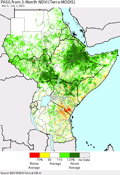 Eastern Africa PASG from 3-Month NDVI (Terra-MODIS) Thematic Map For 5/25/2023 - 6/1/2023