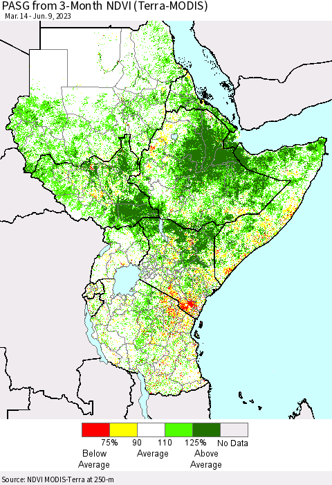 Eastern Africa PASG from 3-Month NDVI (Terra-MODIS) Thematic Map For 6/2/2023 - 6/9/2023