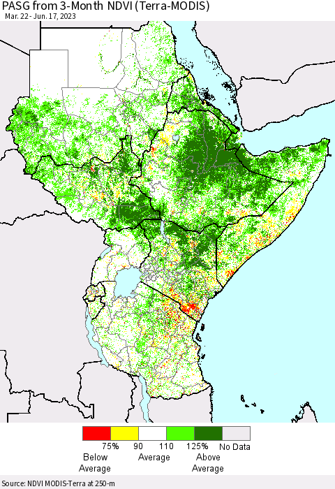 Eastern Africa PASG from 3-Month NDVI (Terra-MODIS) Thematic Map For 6/10/2023 - 6/17/2023