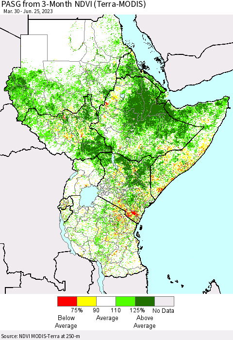 Eastern Africa PASG from 3-Month NDVI (Terra-MODIS) Thematic Map For 6/18/2023 - 6/25/2023