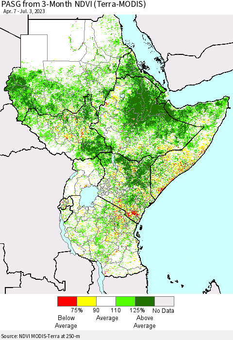 Eastern Africa PASG from 3-Month NDVI (Terra-MODIS) Thematic Map For 6/26/2023 - 7/3/2023