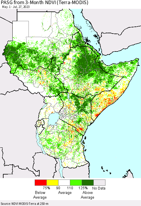 Eastern Africa PASG from 3-Month NDVI (Terra-MODIS) Thematic Map For 7/20/2023 - 7/27/2023