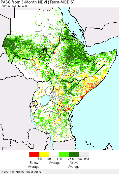 Eastern Africa PASG from 3-Month NDVI (Terra-MODIS) Thematic Map For 8/5/2023 - 8/12/2023