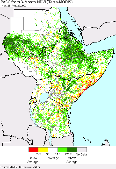 Eastern Africa PASG from 3-Month NDVI (Terra-MODIS) Thematic Map For 8/13/2023 - 8/20/2023
