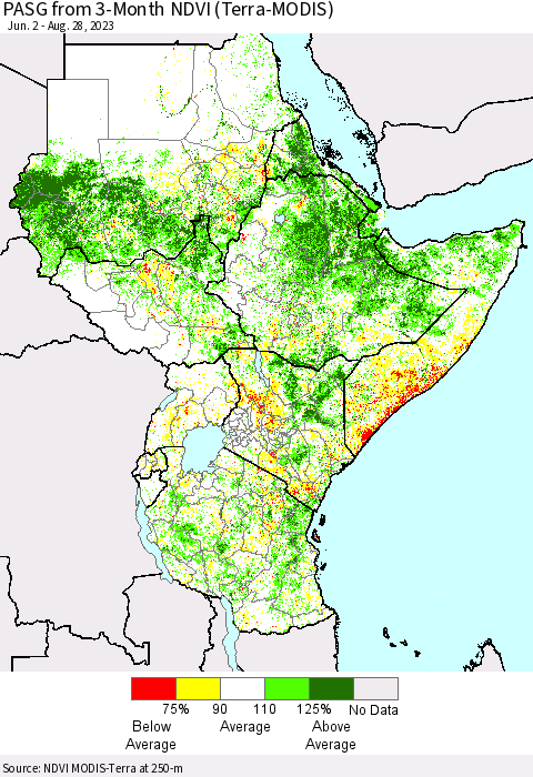 Eastern Africa PASG from 3-Month NDVI (Terra-MODIS) Thematic Map For 8/21/2023 - 8/28/2023