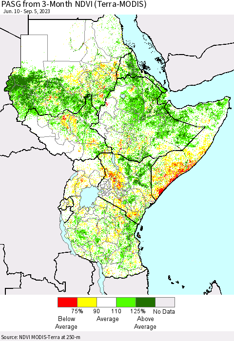 Eastern Africa PASG from 3-Month NDVI (Terra-MODIS) Thematic Map For 8/29/2023 - 9/5/2023