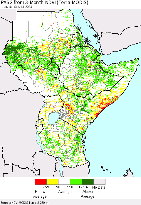 Eastern Africa PASG from 3-Month NDVI (Terra-MODIS) Thematic Map For 9/6/2023 - 9/13/2023