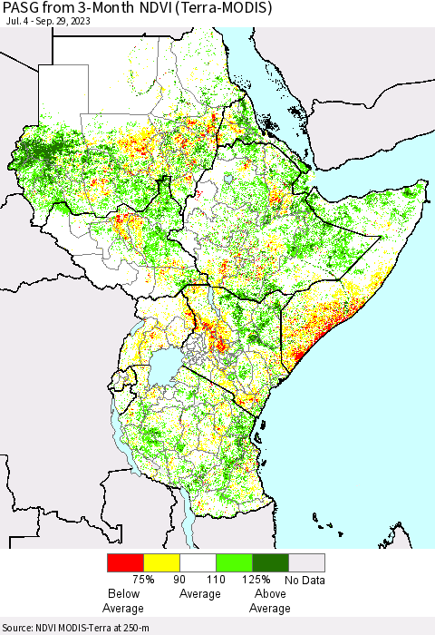 Eastern Africa PASG from 3-Month NDVI (Terra-MODIS) Thematic Map For 9/22/2023 - 9/29/2023