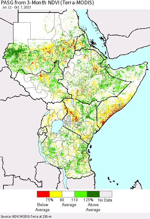 Eastern Africa PASG from 3-Month NDVI (Terra-MODIS) Thematic Map For 9/30/2023 - 10/7/2023