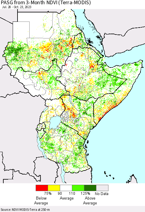 Eastern Africa PASG from 3-Month NDVI (Terra-MODIS) Thematic Map For 10/16/2023 - 10/23/2023