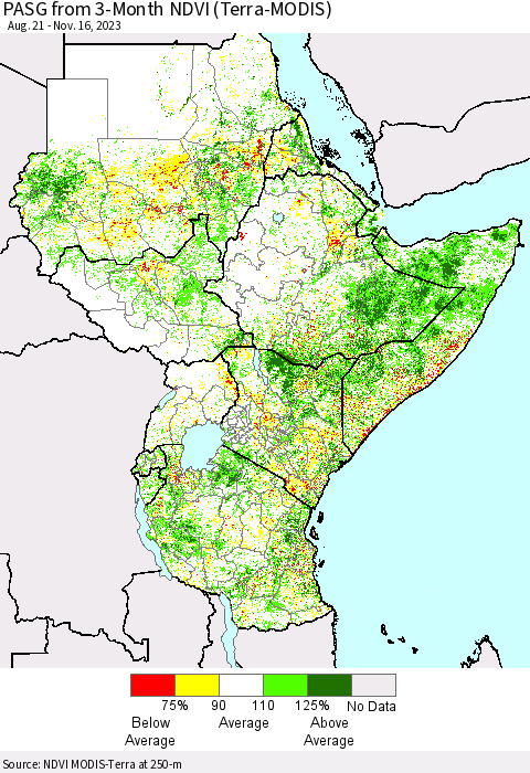 Eastern Africa PASG from 3-Month NDVI (Terra-MODIS) Thematic Map For 11/9/2023 - 11/16/2023