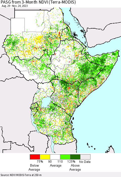 Eastern Africa PASG from 3-Month NDVI (Terra-MODIS) Thematic Map For 11/17/2023 - 11/24/2023