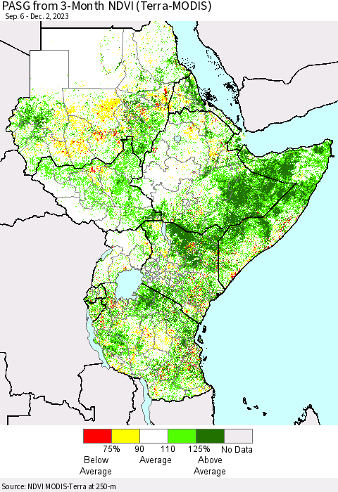 Eastern Africa PASG from 3-Month NDVI (Terra-MODIS) Thematic Map For 11/25/2023 - 12/2/2023
