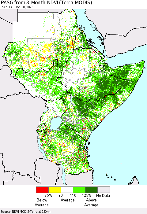 Eastern Africa PASG from 3-Month NDVI (Terra-MODIS) Thematic Map For 12/3/2023 - 12/10/2023